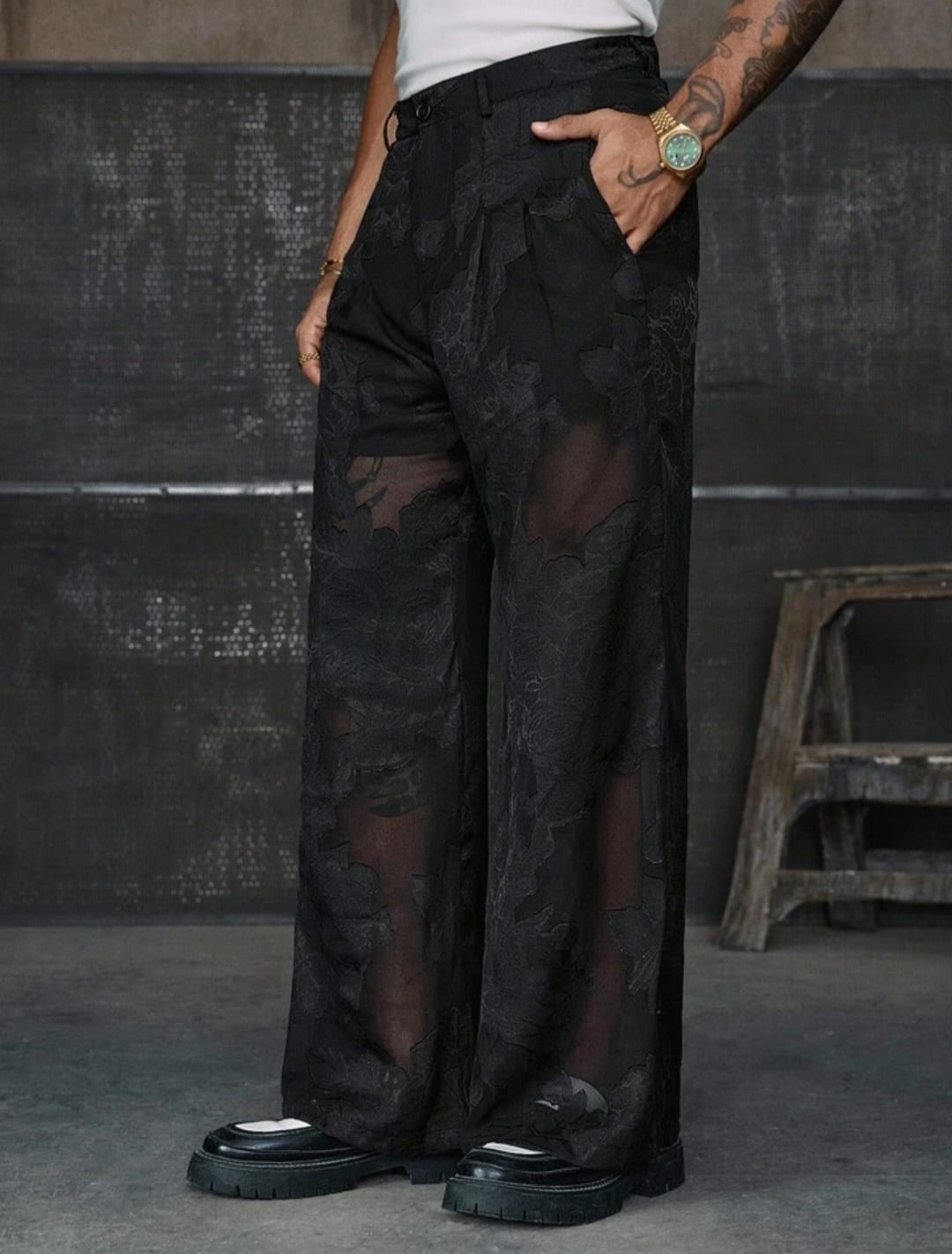 Men's Black Floral Sheer Wide-Leg Trousers – Elegant Mesh Statement Pants